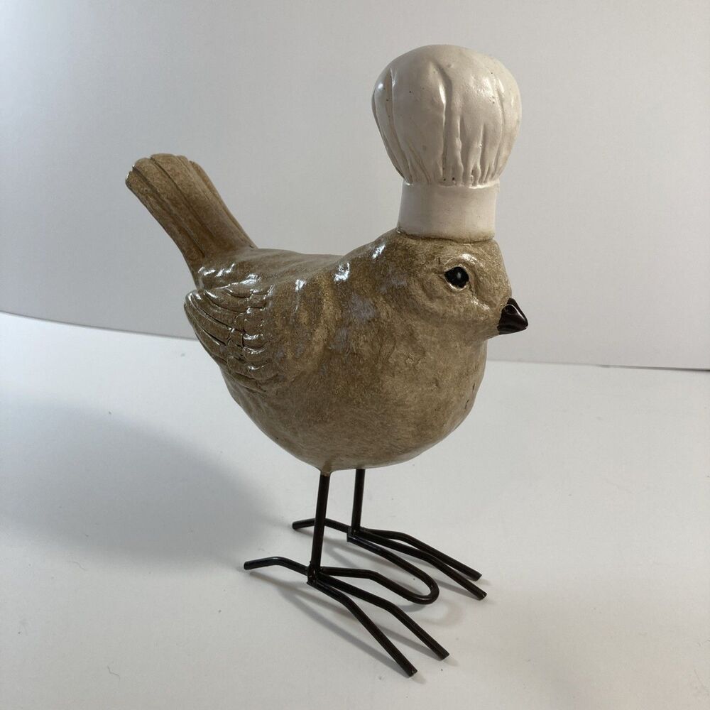 Ceramic Embossed Bird Figurine Beige with Attached Metal Feet  7” Tall